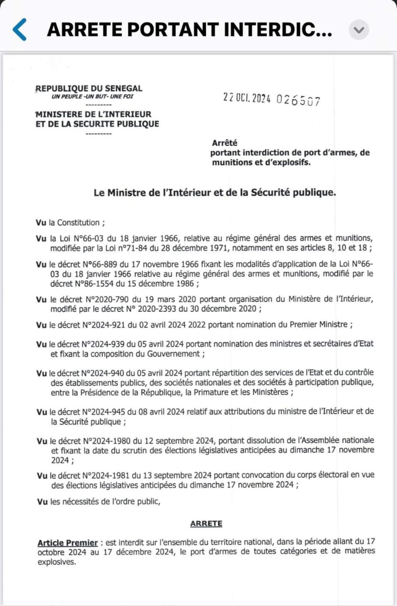 Ministère de l'Intérieur et de la Sécurité publique : publication de l'arrêté portant interdiction de port d'armes, de munitions et d'explosifs Ministère de l'Intérieur et de la Sécurité publique : publication de l'arrêté portant interdiction de port d'armes, de munitions et d'explosifs