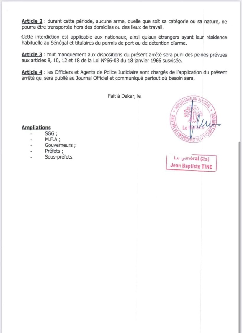 Ministère de l'Intérieur et de la Sécurité publique : publication de l'arrêté portant interdiction de port d'armes, de munitions et d'explosifs Ministère de l'Intérieur et de la Sécurité publique : publication de l'arrêté portant interdiction de port d'armes, de munitions et d'explosifs
