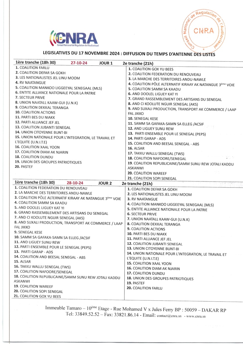 Elections législatives : diffusion du temps d'antenne des listes Elections législatives : diffusion du temps d'antenne des listes