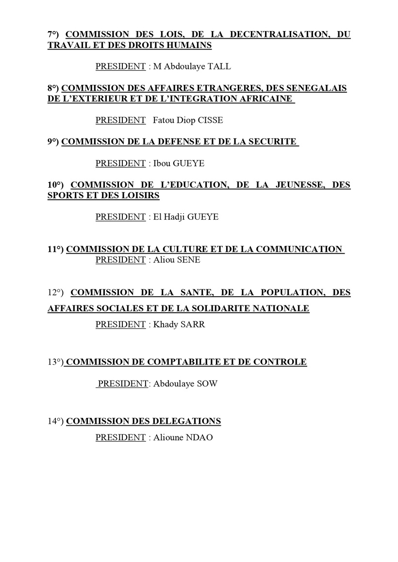 15e législature : liste des présidents des 14 Commissions permanentes 15e législature : liste des présidents des 14 Commissions permanentes