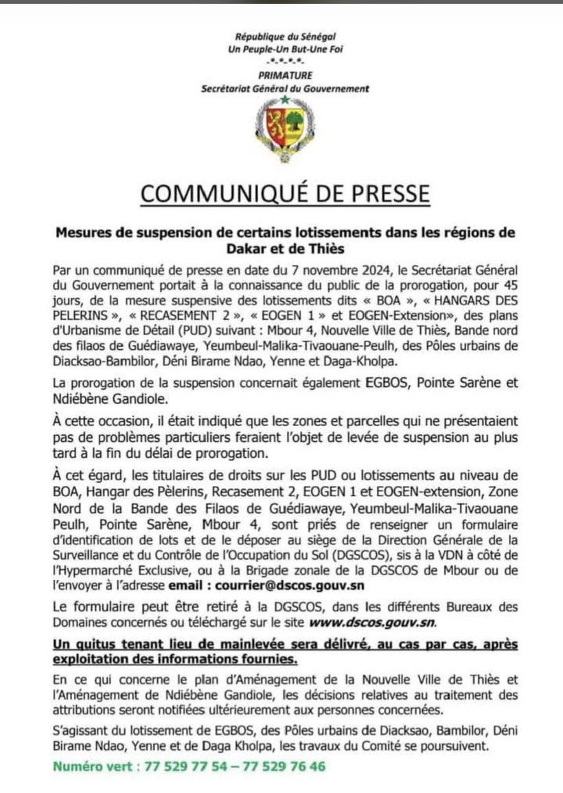 Lotissements suspendus à Dakar et Thiès : les concernés invités à se rendre à la DGSCOS pour l'identification Lotissements suspendus à Dakar et Thiès : les concernés invités à se rendre à la DGSCOS pour l'identification