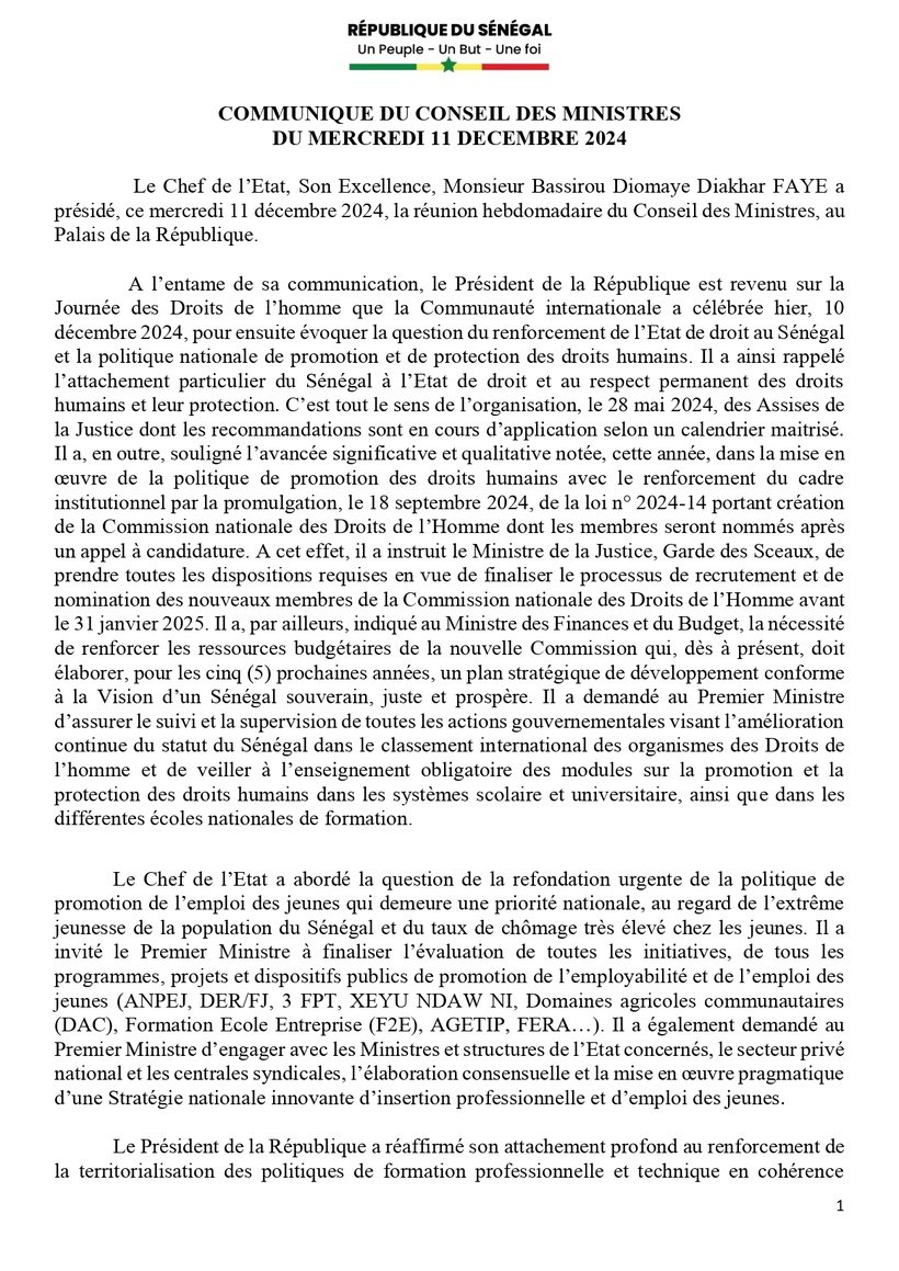 Communiqué du Conseil des ministres du mercredi 11 décembre 2024 Communiqué du Conseil des ministres du mercredi 11 décembre 2024
