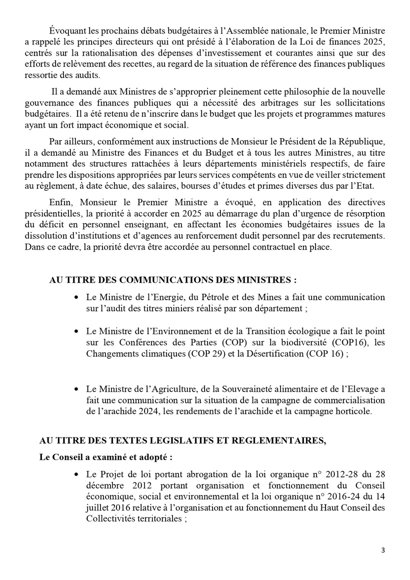 Communiqué du Conseil des ministres du mercredi 11 décembre 2024 Communiqué du Conseil des ministres du mercredi 11 décembre 2024
