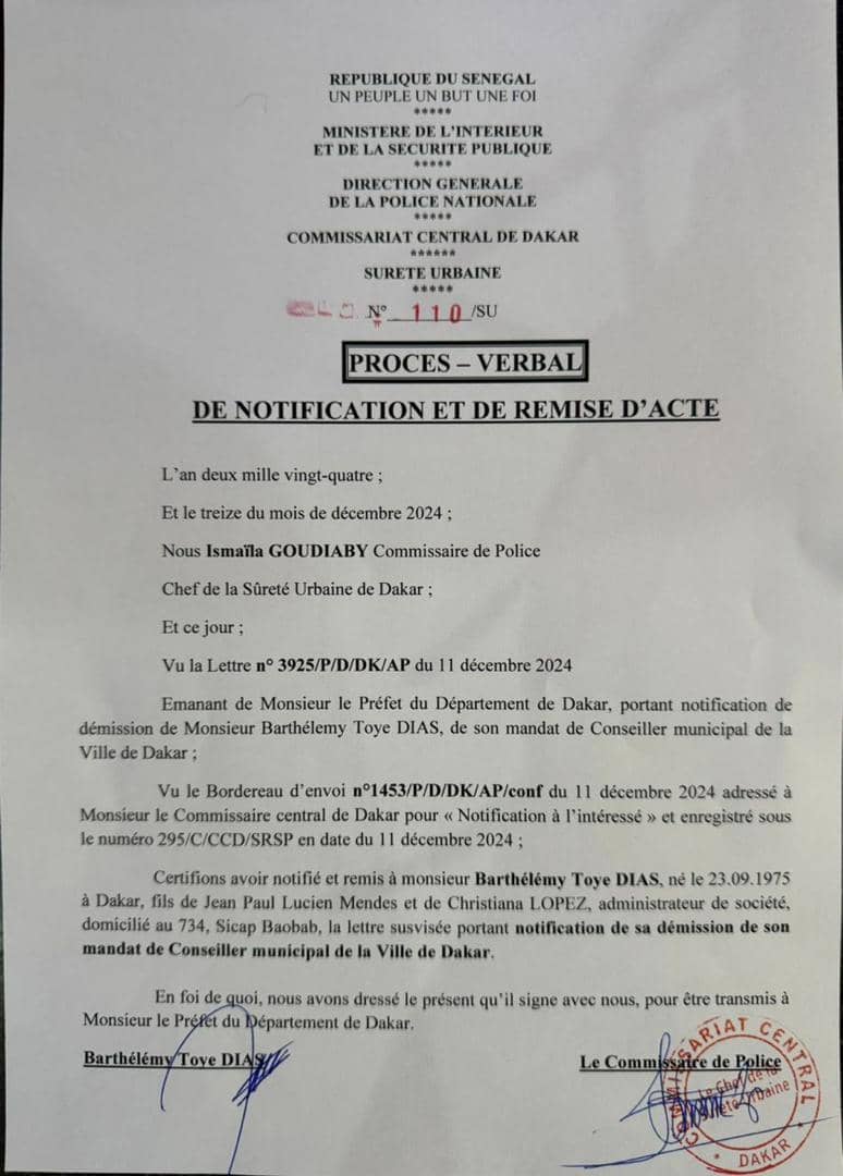 Destitution de Barthélémy Dias : L'édile de Dakar a reçu et déchargé la notification de son éviction