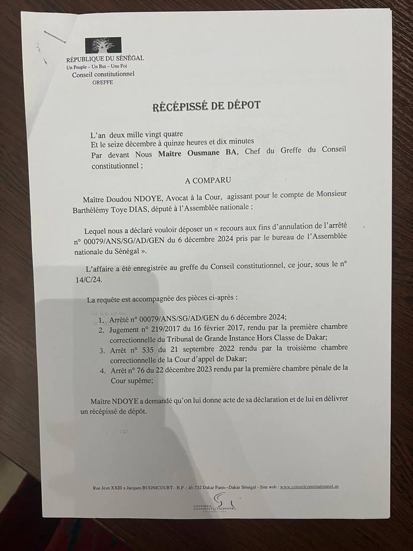 Affaire Barthélémy Dias : deux recours déposés au Conseil constitutionnel et à la Cour suprême (Documents) Affaire Barthélémy Dias : deux recours déposés au Conseil constitutionnel et à la Cour suprême (Documents)
