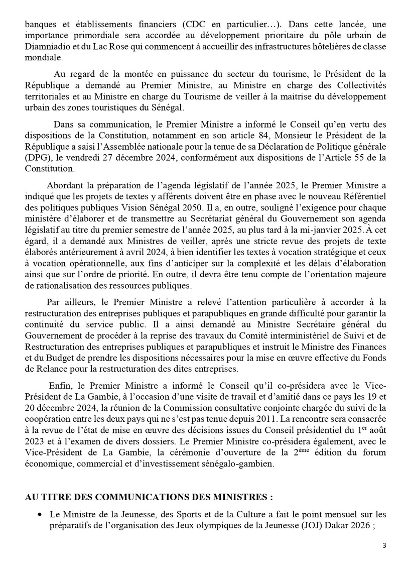 COMMUNIQUE DU CONSEIL DES MINISTRES DU MERCREDI 18 DECEMBRE 2024 COMMUNIQUE DU CONSEIL DES MINISTRES DU MERCREDI 18 DECEMBRE 2024