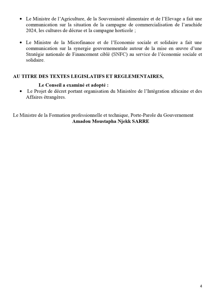 COMMUNIQUE DU CONSEIL DES MINISTRES DU MERCREDI 18 DECEMBRE 2024 COMMUNIQUE DU CONSEIL DES MINISTRES DU MERCREDI 18 DECEMBRE 2024