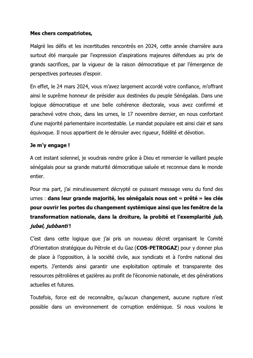 Adresse à la nation de SEM. Bassirou Diomaye Faye Adresse à la nation de SEM. Bassirou Diomaye Faye