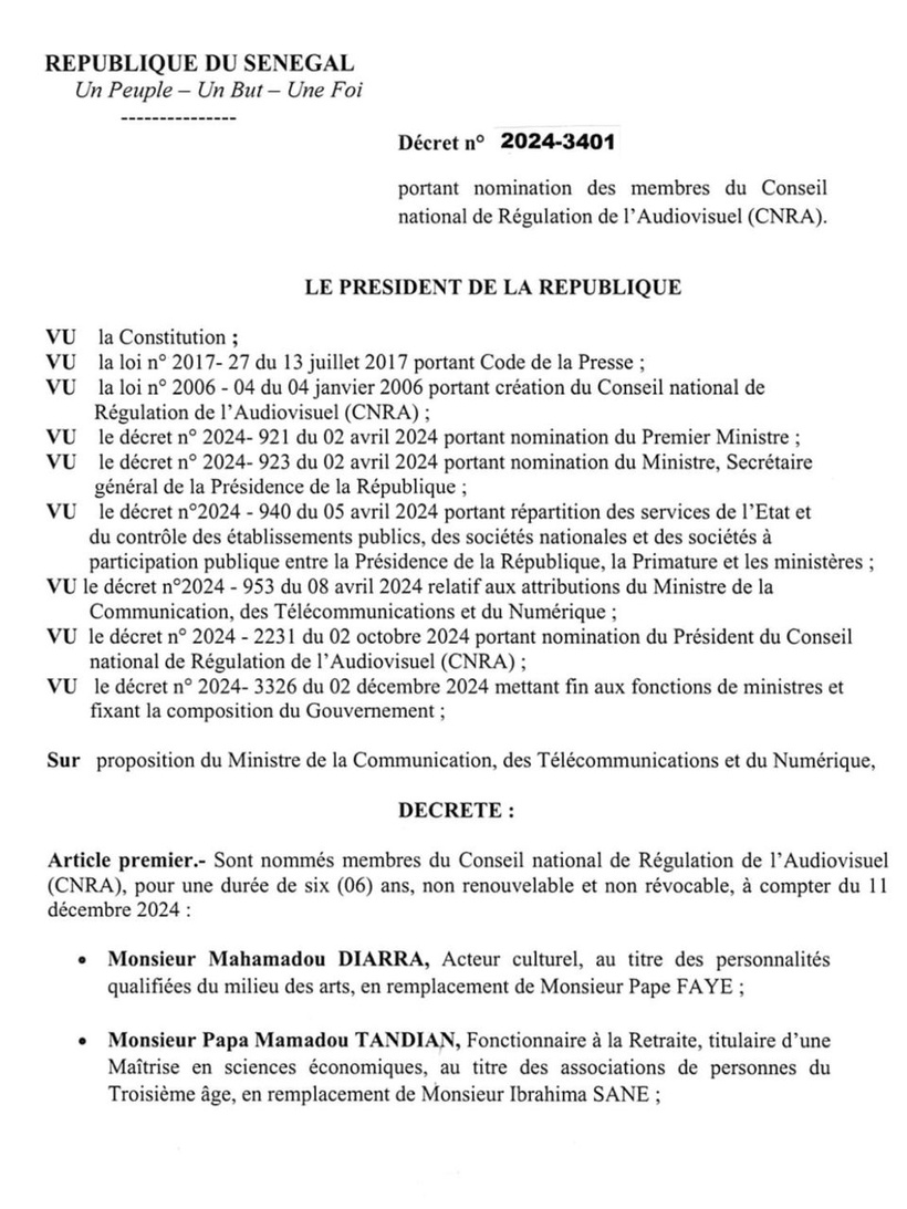 Réorganisation du CNRA : le Président Diomaye Faye nomme de nouveaux membres Réorganisation du CNRA : le Président Diomaye Faye nomme de nouveaux membres