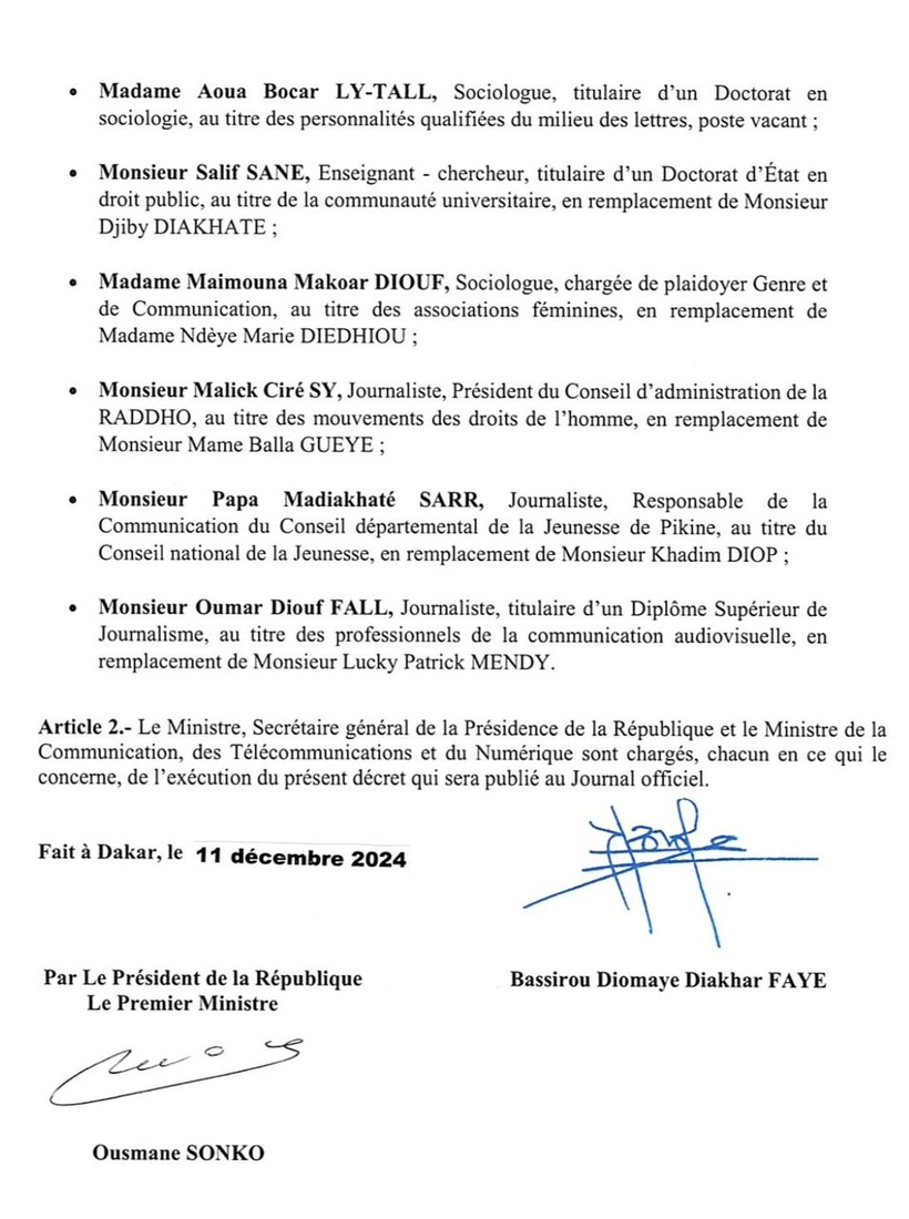 Réorganisation du CNRA : le Président Diomaye Faye nomme de nouveaux membres Réorganisation du CNRA : le Président Diomaye Faye nomme de nouveaux membres