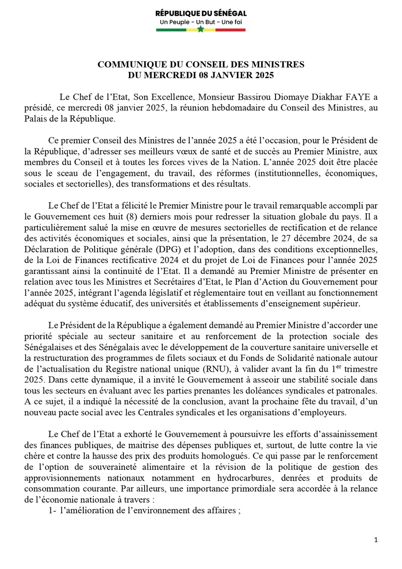 Communiqué du Conseil des ministres du mercredi 08 janvier 2025 Communiqué du Conseil des ministres du mercredi 08 janvier 2025