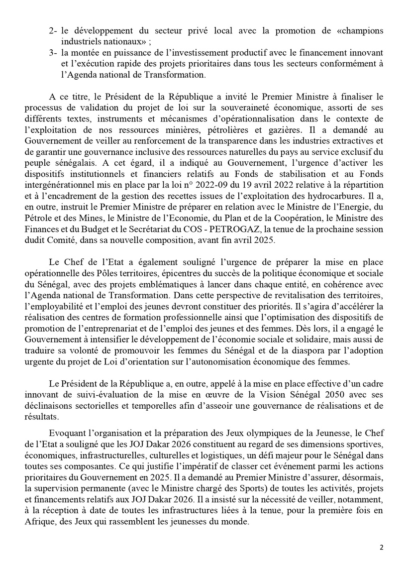 Communiqué du Conseil des ministres du mercredi 08 janvier 2025 Communiqué du Conseil des ministres du mercredi 08 janvier 2025