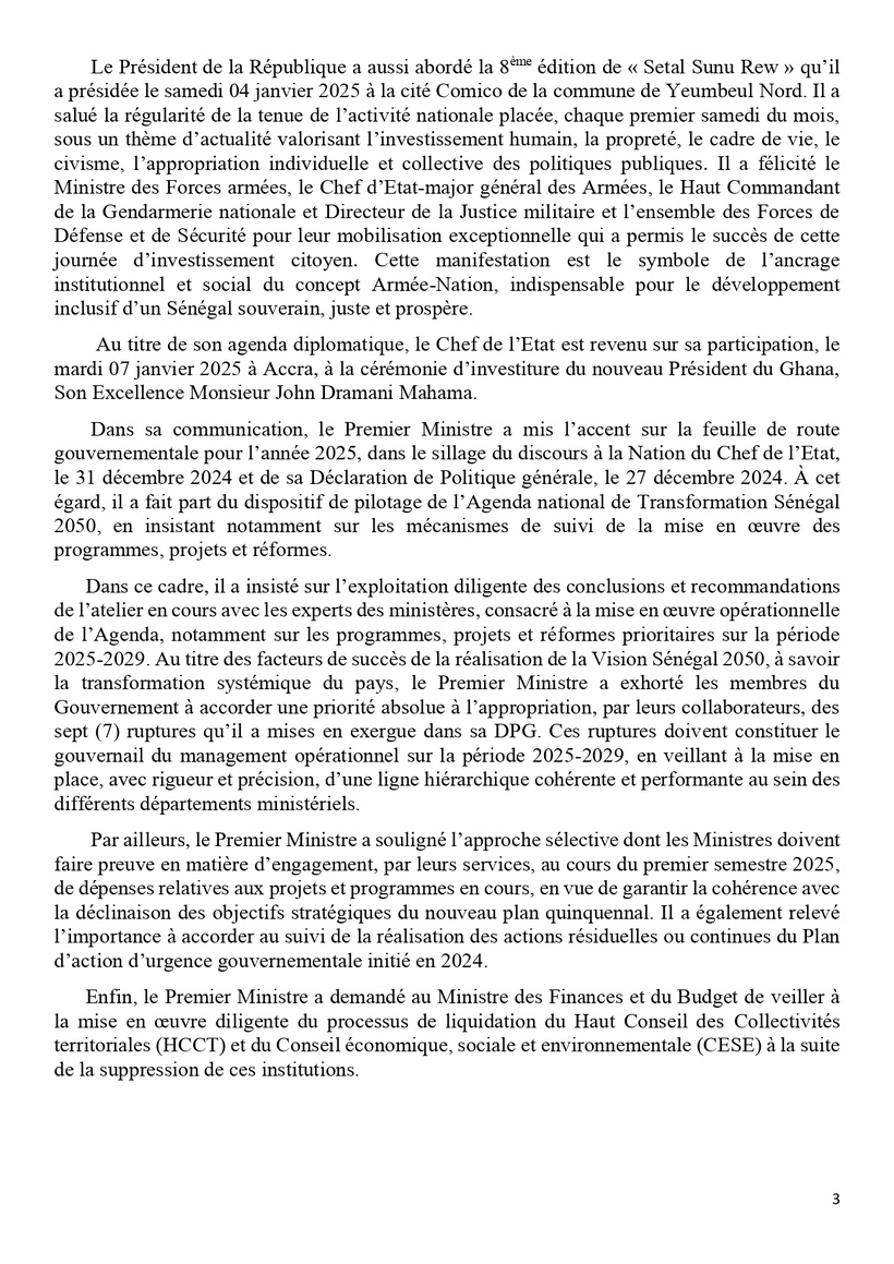 Communiqué du Conseil des ministres du mercredi 08 janvier 2025 Communiqué du Conseil des ministres du mercredi 08 janvier 2025