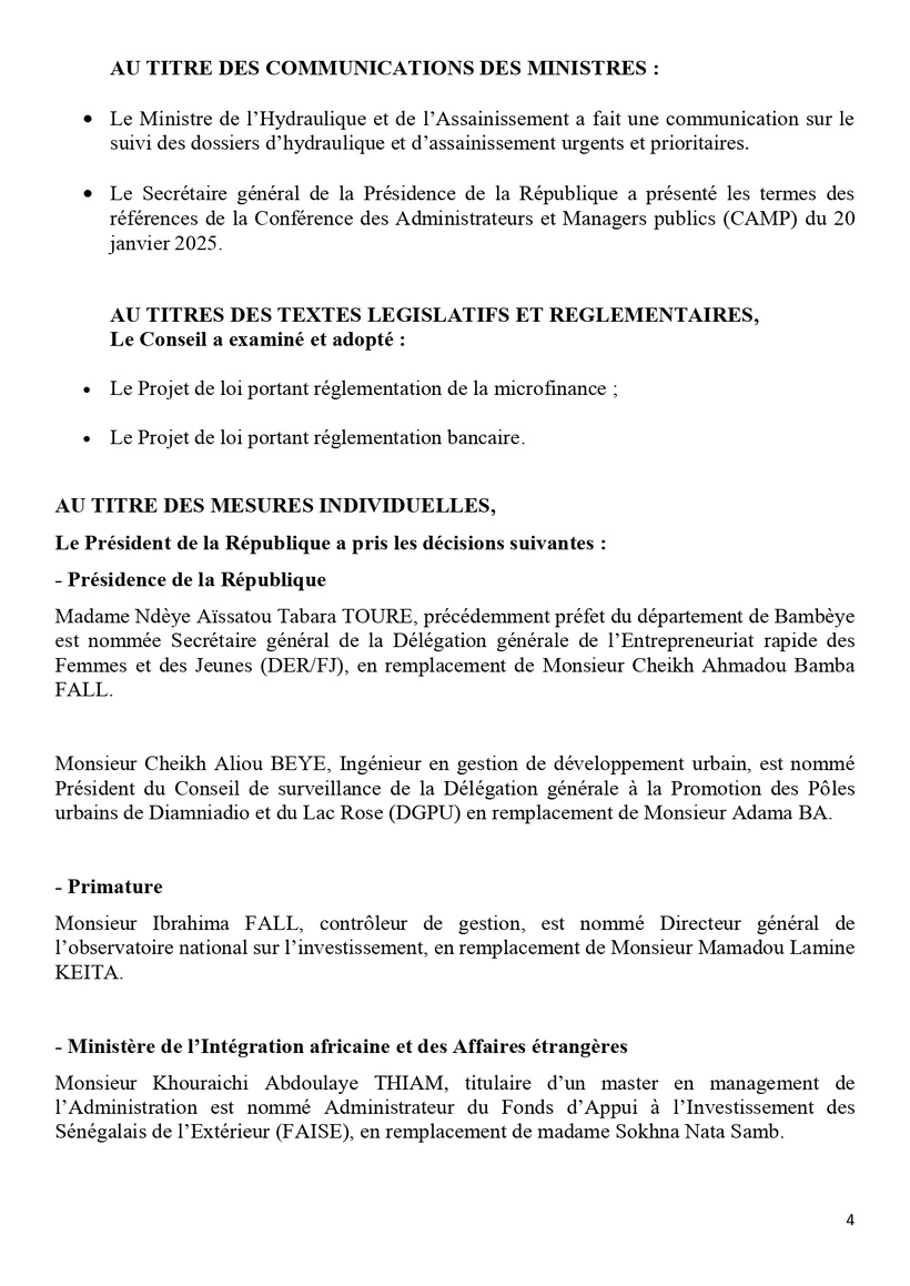 Communiqué du Conseil des ministres du mercredi 08 janvier 2025 Communiqué du Conseil des ministres du mercredi 08 janvier 2025