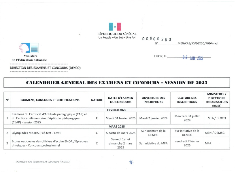 Sénégal : voici le calendrier des Examens et concours 2025 Sénégal : voici le calendrier des Examens et concours 2025