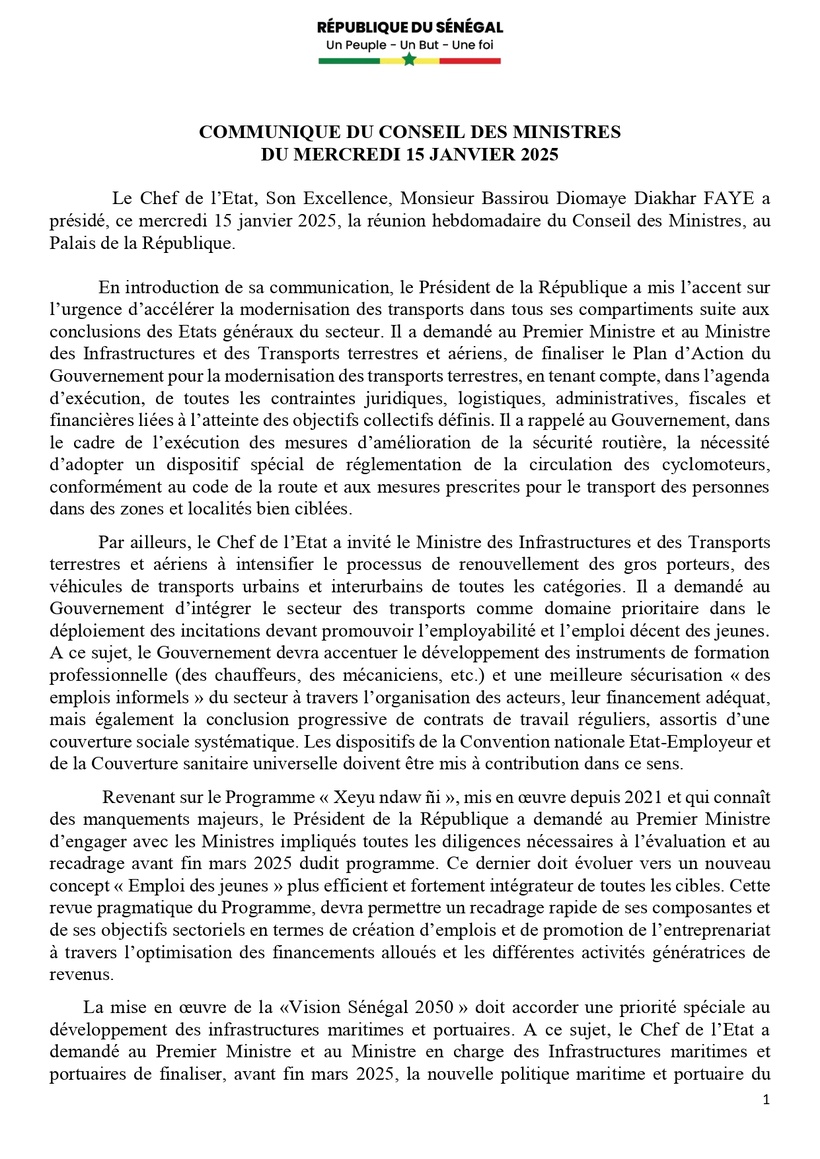 Communiqué Conseil des ministres du lundi 15 janvier 2025 Communiqué Conseil des ministres du lundi 15 janvier 2025