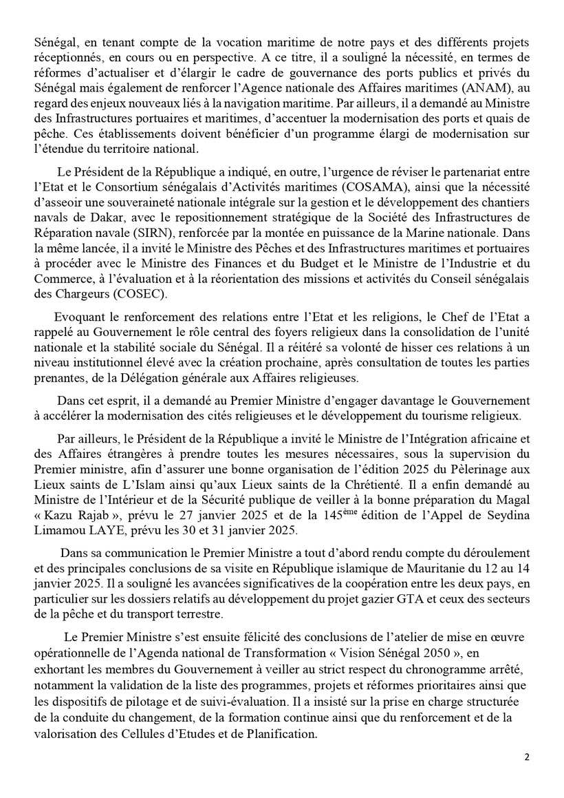 Communiqué Conseil des ministres du lundi 15 janvier 2025 Communiqué Conseil des ministres du lundi 15 janvier 2025