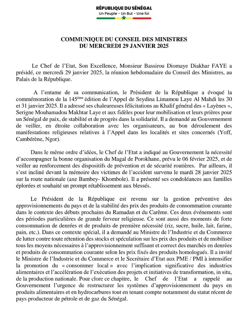 Communiqué Conseil des ministres du mercredi 29 janvier Communiqué Conseil des ministres du mercredi 29 janvier