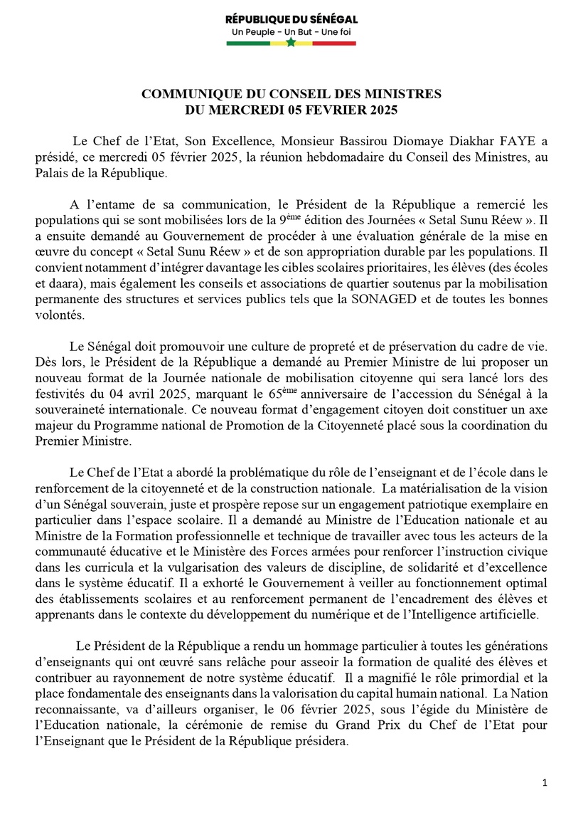 Communiqué du Conseil des ministres du mercredi 05 février Communiqué du Conseil des ministres du mercredi 05 février