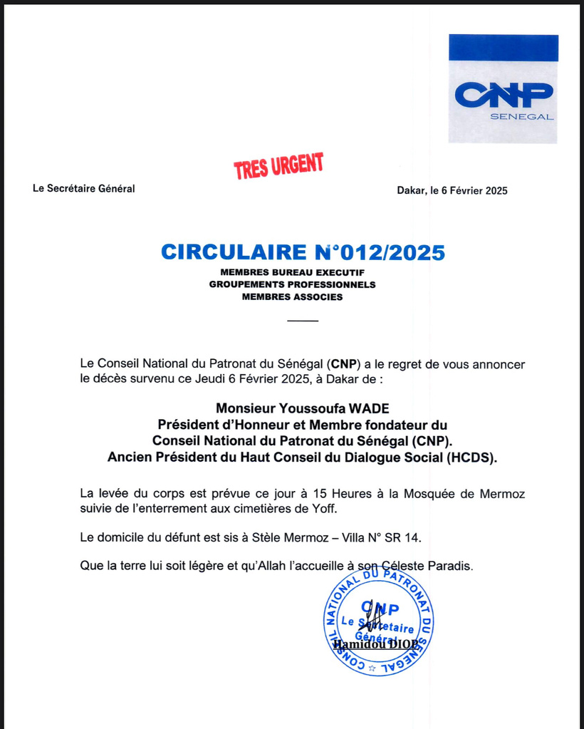 Nécrologie : Décès de Youssoufa Wade, membre fondateur du Conseil National du Patronat du Sénégal 
