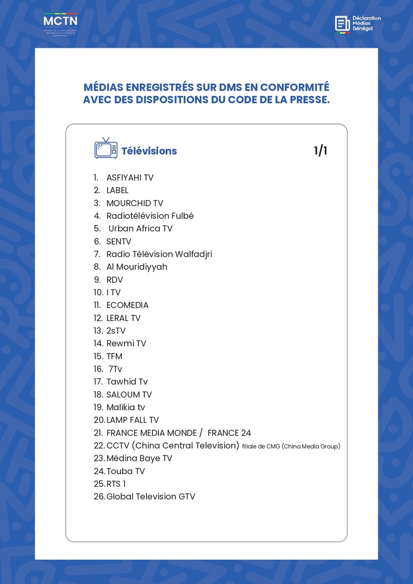 La liste des médias reconnus au Sénégal La liste des médias reconnus au Sénégal