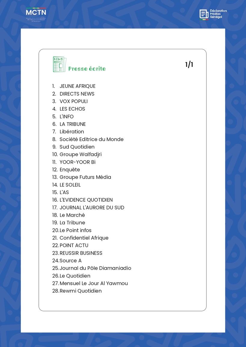 La liste des médias reconnus au Sénégal La liste des médias reconnus au Sénégal