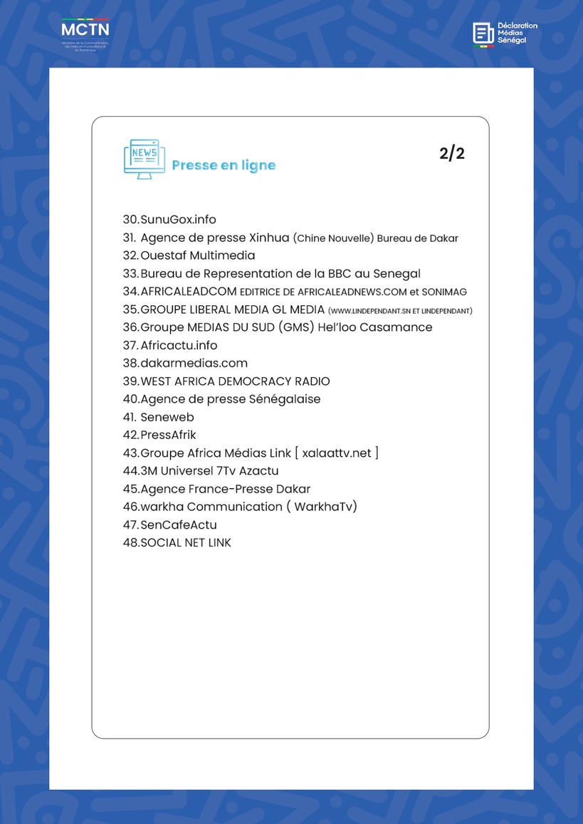 La liste des médias reconnus au Sénégal La liste des médias reconnus au Sénégal