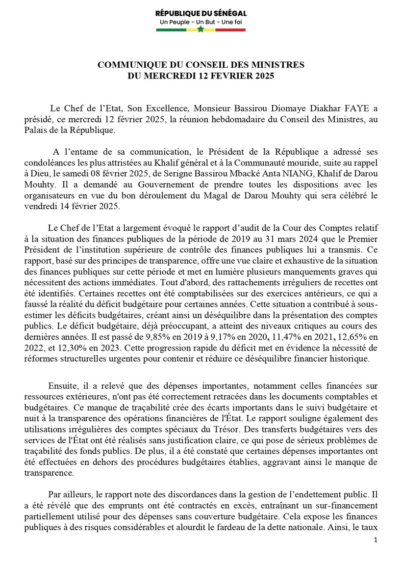 Communiqué du Conseil des ministres du mercredi 12 février 2025 Communiqué du Conseil des ministres du mercredi 12 février 2025