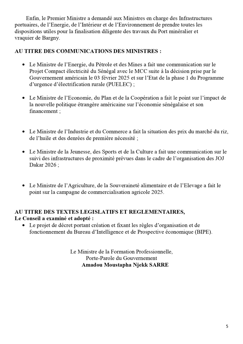 Communiqué du Conseil des ministres du mercredi 12 février 2025 Communiqué du Conseil des ministres du mercredi 12 février 2025
