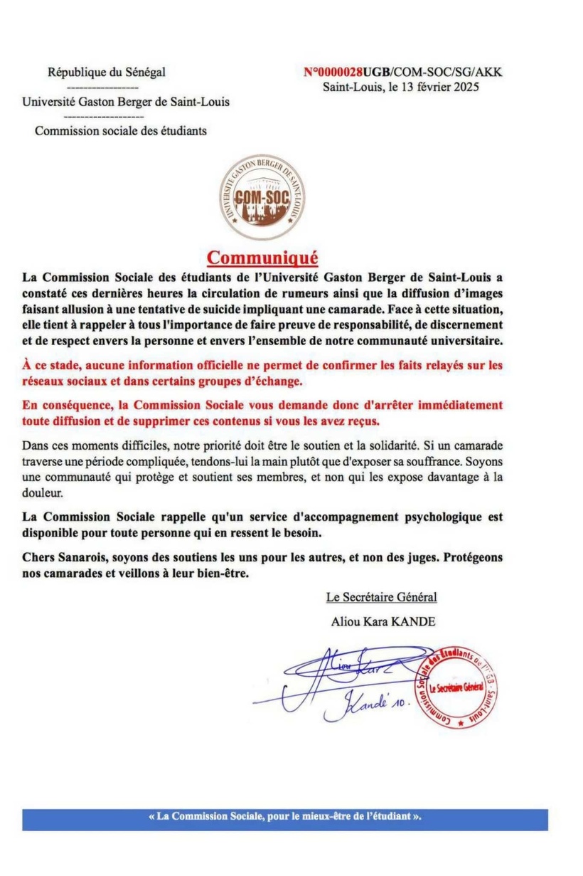 Rumeur sur une tentative de suicide d'une étudiante : la Commission sociale des étudiants de l'UGB appelle à la responsabilité et à la solidarité Rumeur sur une tentative de suicide d'une étudiante : la Commission sociale des étudiants de l'UGB appelle à la responsabilité et à la solidarité