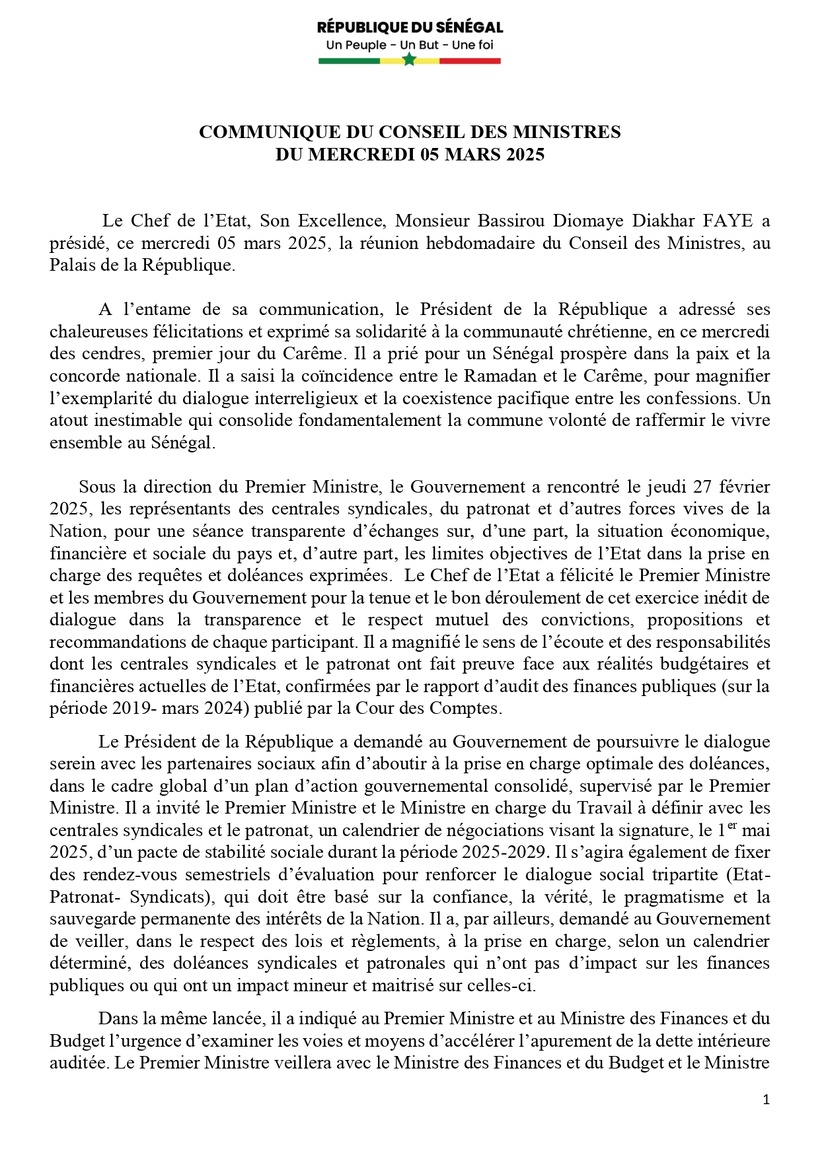 Sénégal : communiqué du Conseil des ministres du mercredi 5 mars 2025 Sénégal : communiqué du Conseil des ministres du mercredi 5 mars 2025