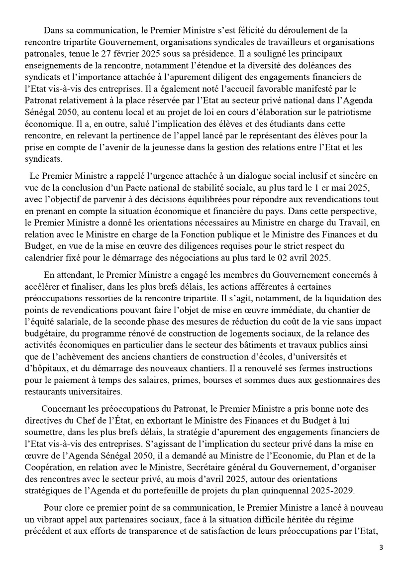 Sénégal : communiqué du Conseil des ministres du mercredi 5 mars 2025 Sénégal : communiqué du Conseil des ministres du mercredi 5 mars 2025