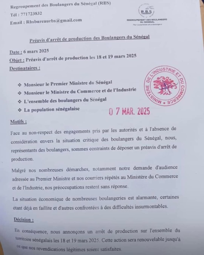 Le regroupement des boulangers du Sénégal menace d’un arrêt de production les 18 et 19 mars Le regroupement des boulangers du Sénégal menace d’un arrêt de production les 18 et 19 mars
