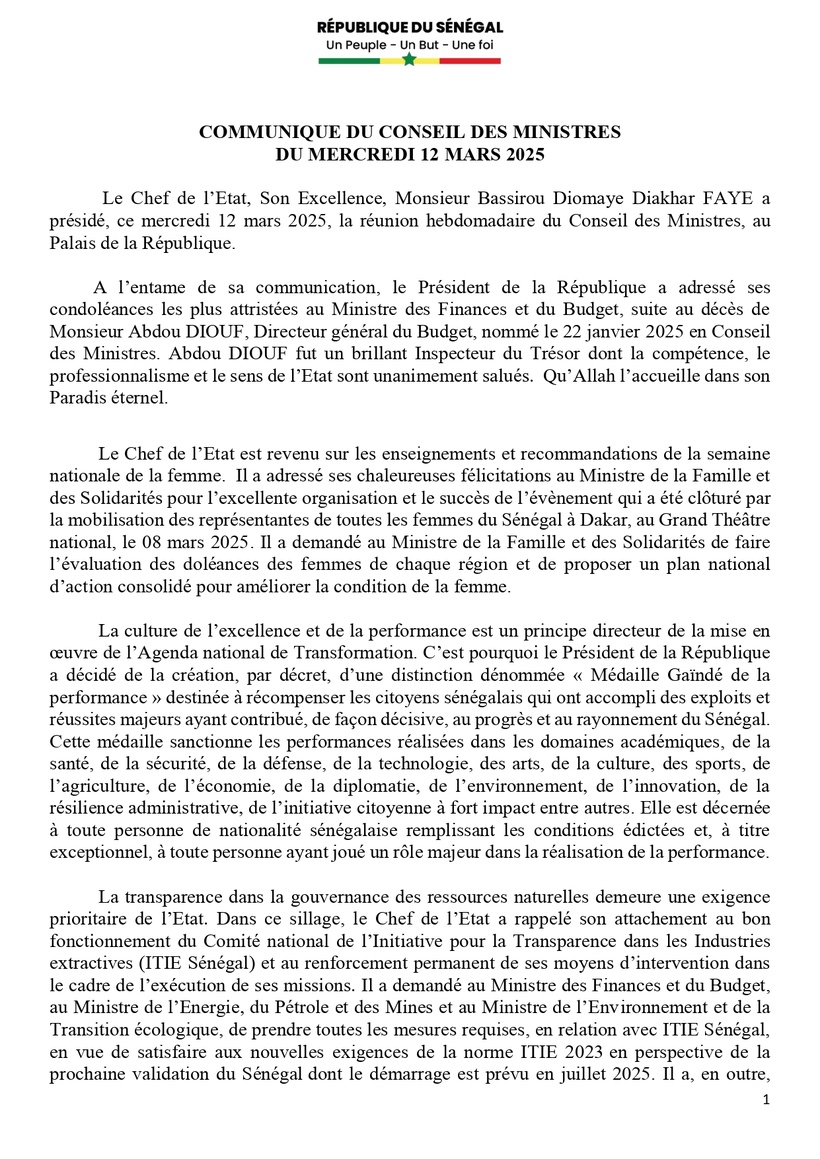 Sénégal : communiqué du Conseil des ministres du mercredi 12 mars 2025 Sénégal : communiqué du Conseil des ministres du mercredi 12 mars 2025