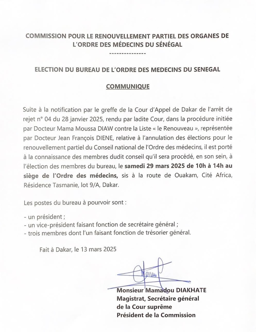 Sénégal : Élection du bureau de l'Ordre des médecins prévue le 29 mars 2025 Sénégal : Élection du bureau de l'Ordre des médecins prévue le 29 mars 2025
