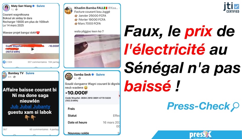 Press-Check : Faux, le prix de l’électricité au Sénégal n’a pas baissé ! Press-Check : Faux, le prix de l’électricité au Sénégal n’a pas baissé !