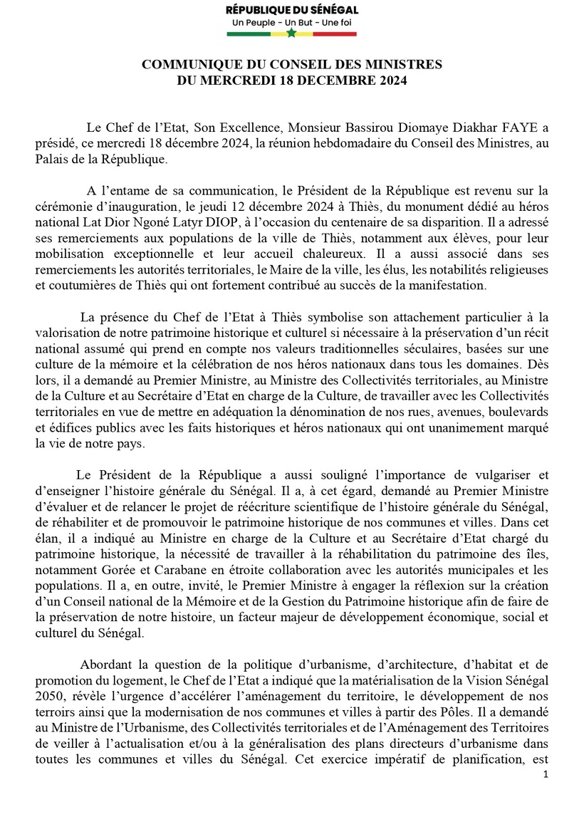 Sénégal : communiqué du Conseil des ministres du 19 mars 2025 Sénégal : communiqué du Conseil des ministres du 19 mars 2025
