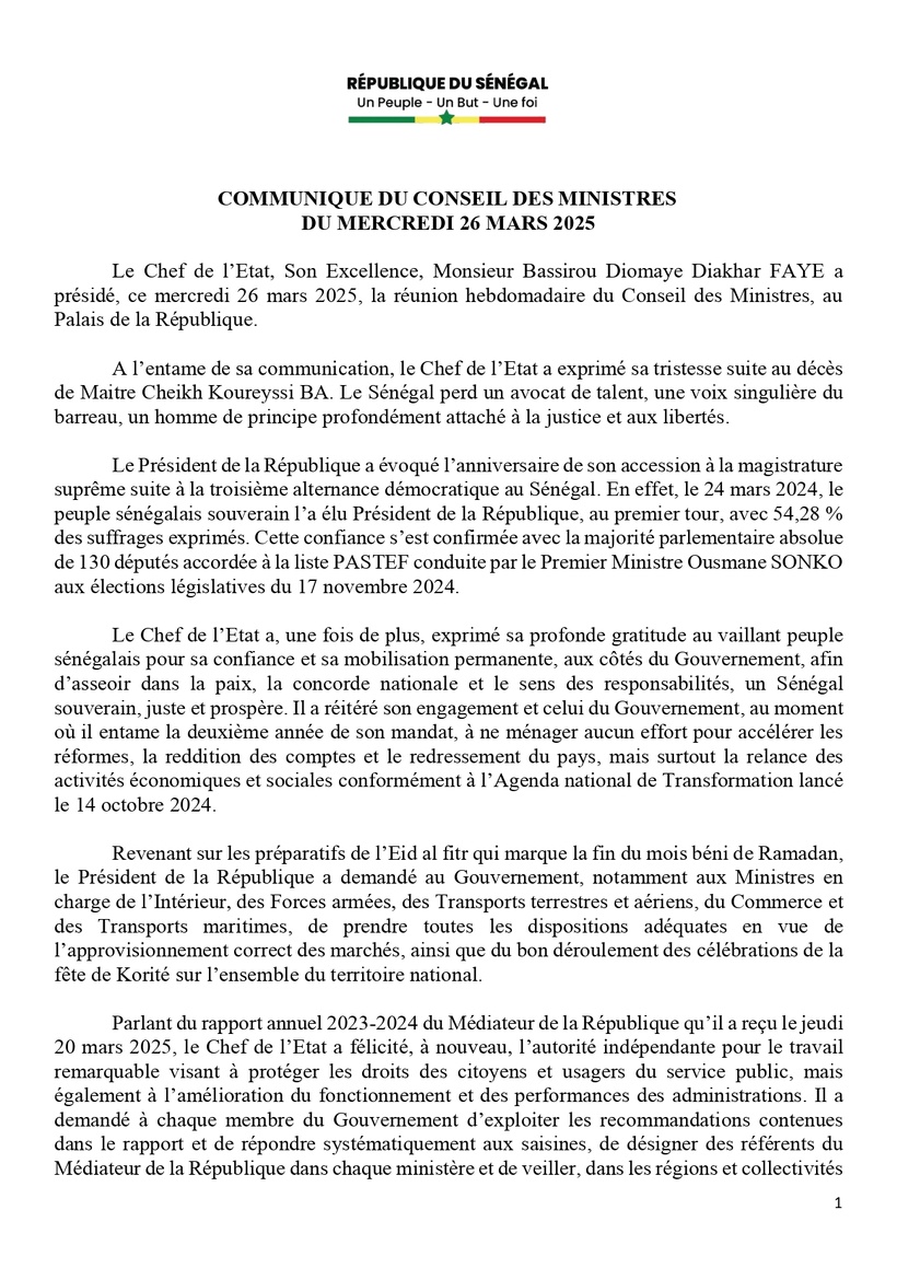 Sénégal : communiqué du Conseil des ministres du 26 mars 2025 Sénégal : communiqué du Conseil des ministres du 26 mars 2025