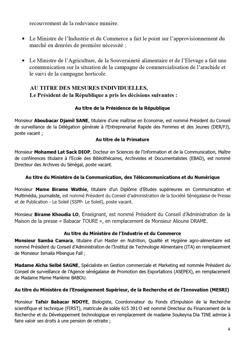 Sénégal : communiqué du Conseil des ministres du 26 mars 2025 Sénégal : communiqué du Conseil des ministres du 26 mars 2025