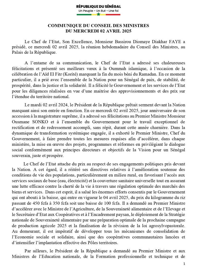 Sénégal : communiqué du Conseil des ministres du mercredi 2 avril 2025 Sénégal : communiqué du Conseil des ministres du mercredi 2 avril 2025