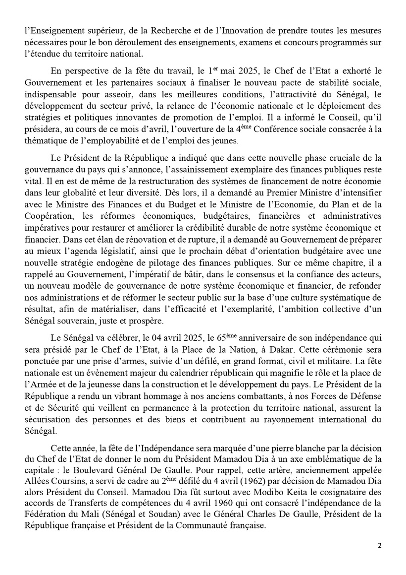 Sénégal : communiqué du Conseil des ministres du mercredi 2 avril 2025 Sénégal : communiqué du Conseil des ministres du mercredi 2 avril 2025
