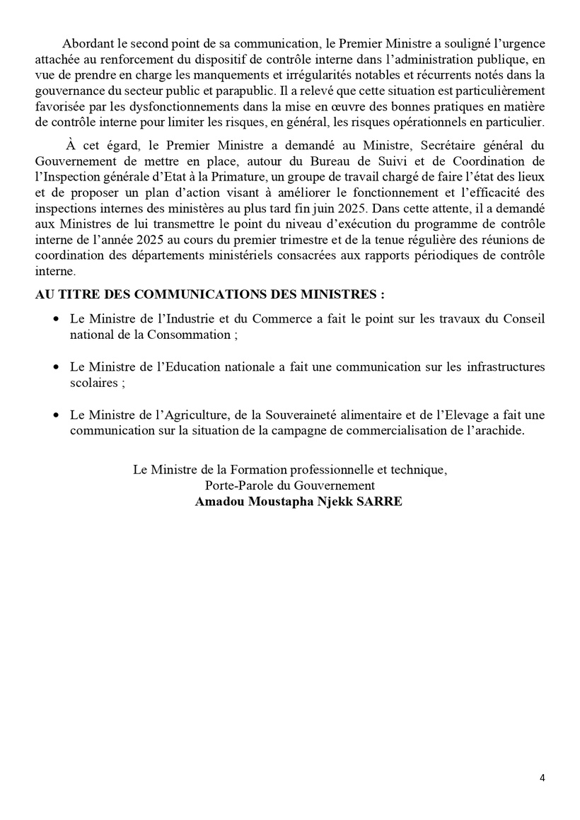 Sénégal : communiqué du Conseil des ministres du mercredi 2 avril 2025 Sénégal : communiqué du Conseil des ministres du mercredi 2 avril 2025