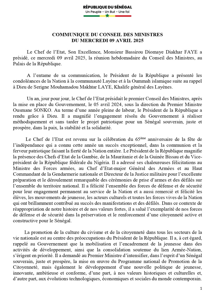 Sénégal : communiqué du Conseil des ministres du mercredi 09 avril 2025 Sénégal : communiqué du Conseil des ministres du mercredi 09 avril 2025