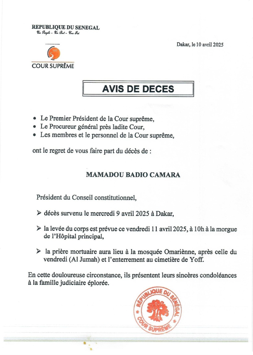 Décès de Mamadou Badio Camara : la Cour suprême annonce les détails des obsèques (avis) Décès de Mamadou Badio Camara : la Cour suprême annonce les détails des obsèques (avis)