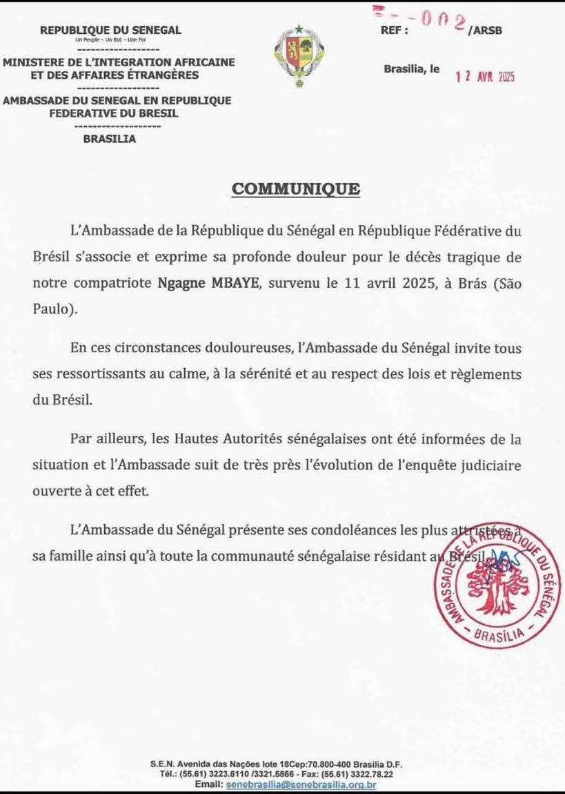 Décès de Ngagne Mbaye : l’Ambassade du Sénégal en République fédérative du Brésil réagit Décès de Ngagne Mbaye : l’Ambassade du Sénégal en République fédérative du Brésil réagit