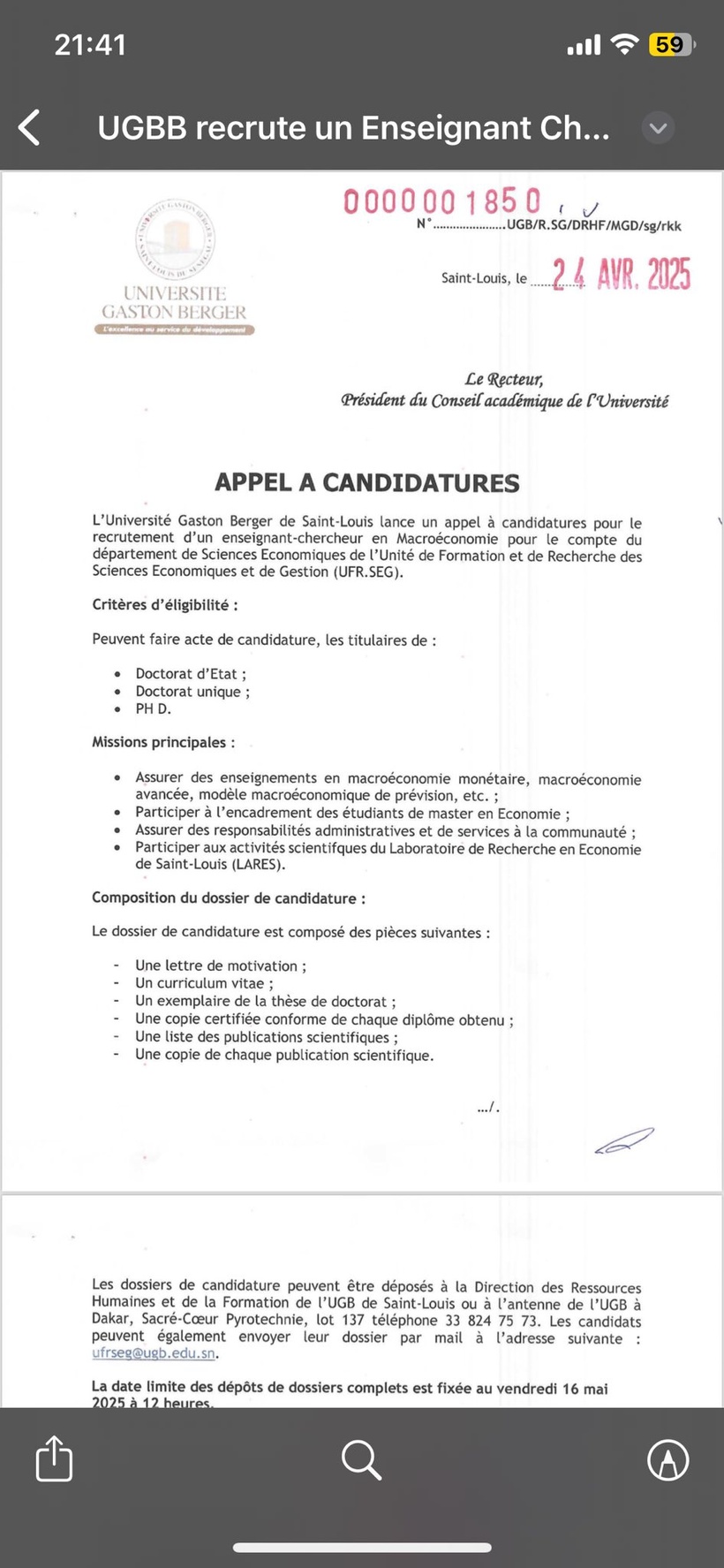 Appel à candidatures : l'Université Gaston Berger de Saint-Louis recrute un enseignant-chercheur en Macroéconomie (Document) Appel à candidatures : l'Université Gaston Berger de Saint-Louis recrute un enseignant-chercheur en Macroéconomie (Document)