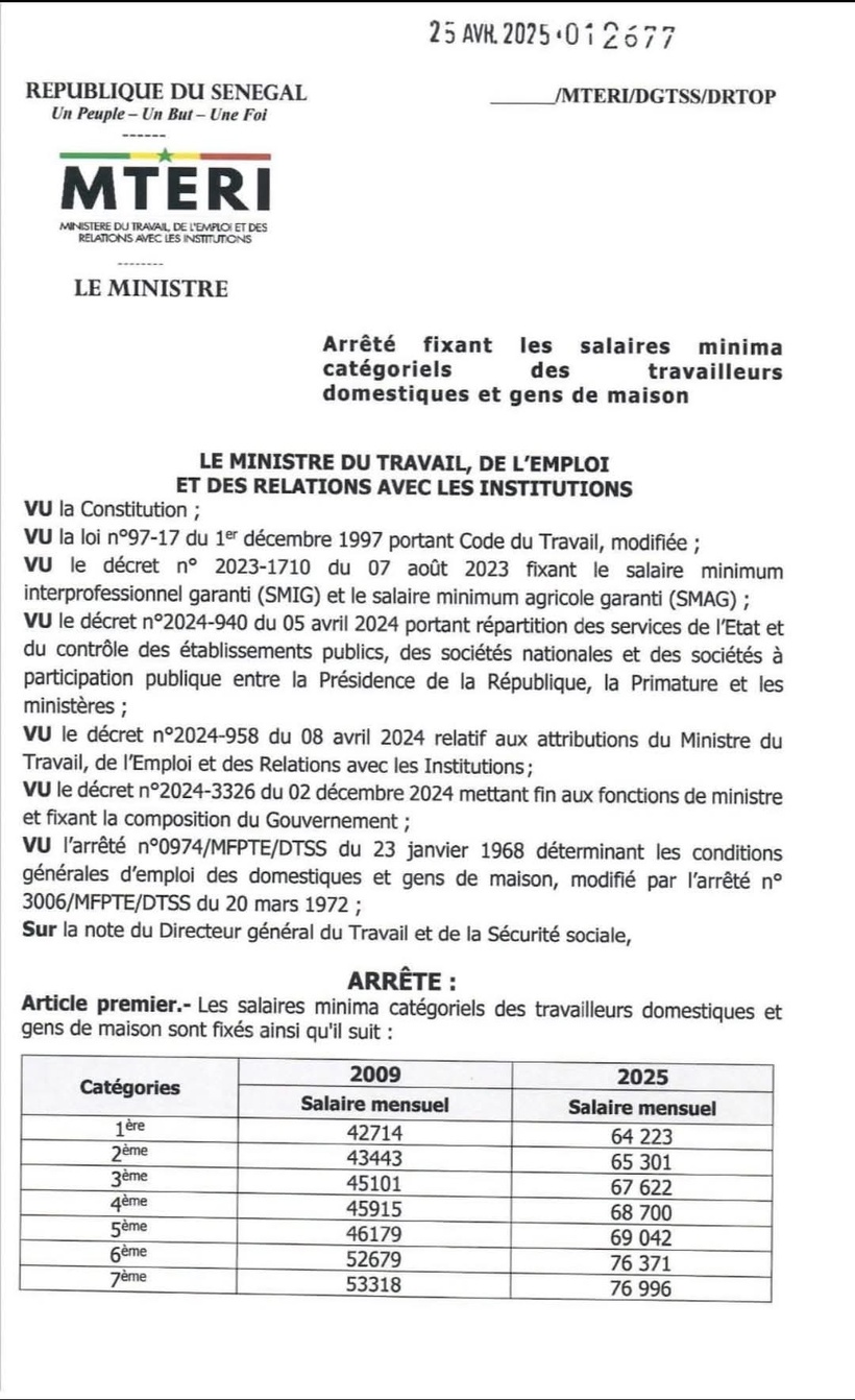 Sénégal : le gouvernement annonce une hausse des salaires des travailleurs domestiques Sénégal : le gouvernement annonce une hausse des salaires des travailleurs domestiques