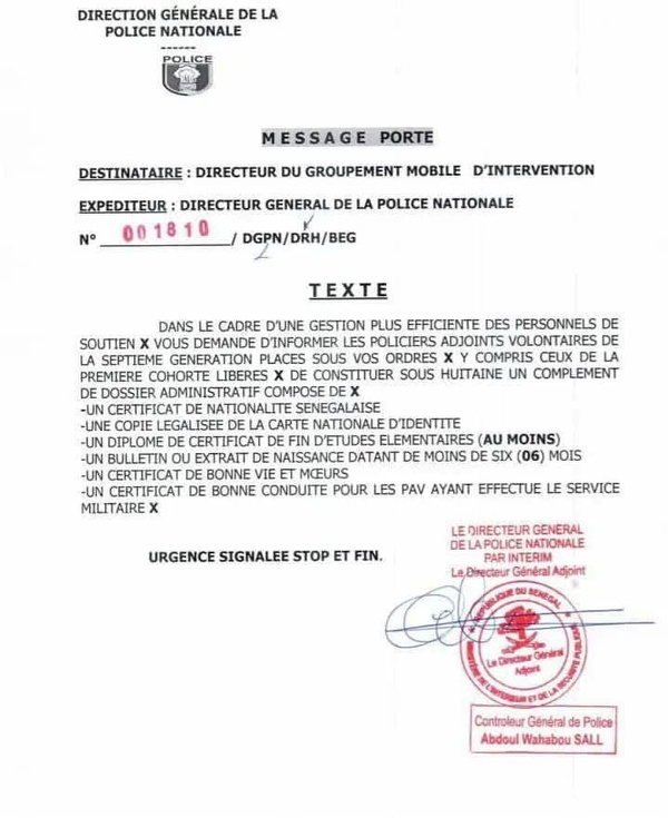 GMI : les policiers adjoints volontaires de la 1ère cohorte libérés et 7e cohorte en service appelés à compléter leurs dossiers (Document) GMI : les policiers adjoints volontaires de la 1ère cohorte libérés et 7e cohorte en service appelés à compléter leurs dossiers (Document)