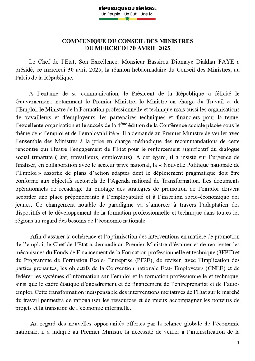 Sénégal : Communiqué du Conseil des ministres du mercredi 30 avril 2025 Sénégal : Communiqué du Conseil des ministres du mercredi 30 avril 2025