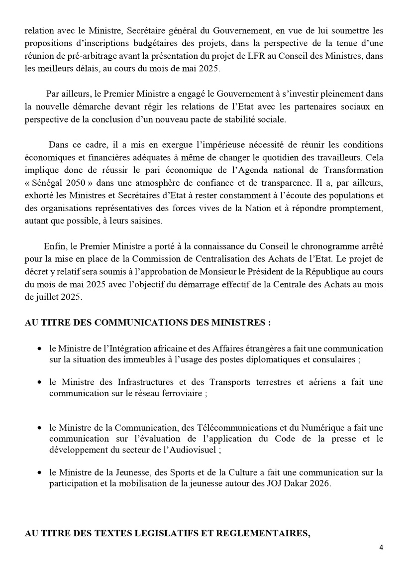 Sénégal : Communiqué du Conseil des ministres du mercredi 30 avril 2025 Sénégal : Communiqué du Conseil des ministres du mercredi 30 avril 2025